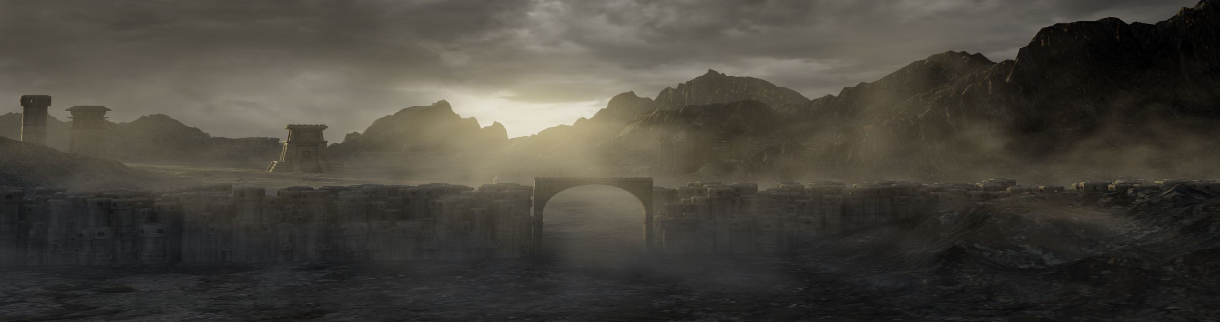 Aufnahme einer Steinmauer vor Tempelanlagen angestrahlt von Sonnenstrahlen aus einem grauen Himmel