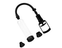 Eine Penispumpe mit drei verschiedenen Aufsätzen